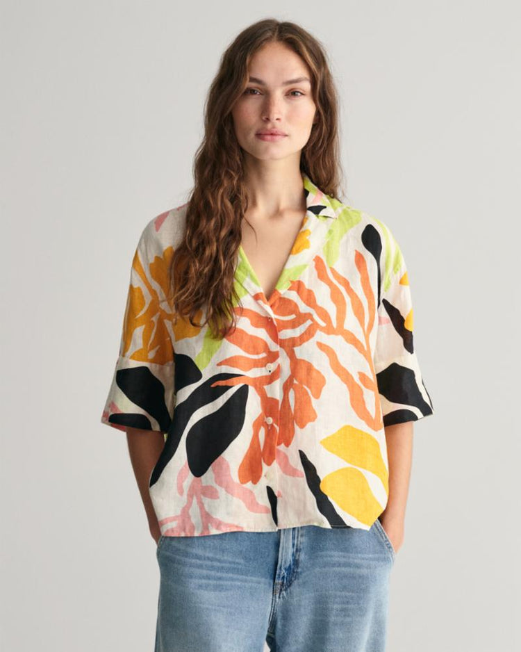 Gant Apparel Womens REL PALM PRINT SS LINEN SHIRT 779/MEDAL YELLOW