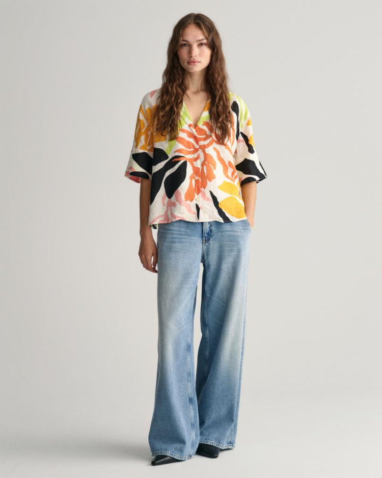 Gant Apparel Womens REL PALM PRINT SS LINEN SHIRT 779/MEDAL YELLOW