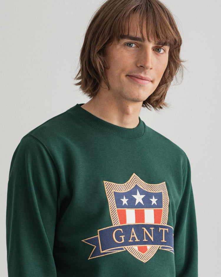 Gant Apparel Mens GANT BANNER LG SHIELD C-NECK 374/TARTAN GREEN