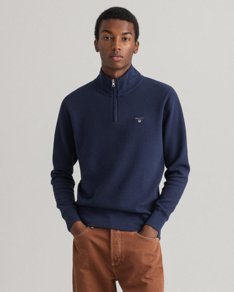 Gant Apparel Mens WAFFLE HALF ZIP SWEAT 433/EVENING BLUE