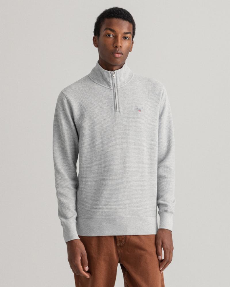 Gant Apparel Mens WAFFLE HALF ZIP SWEAT 94/LIGHT GREY