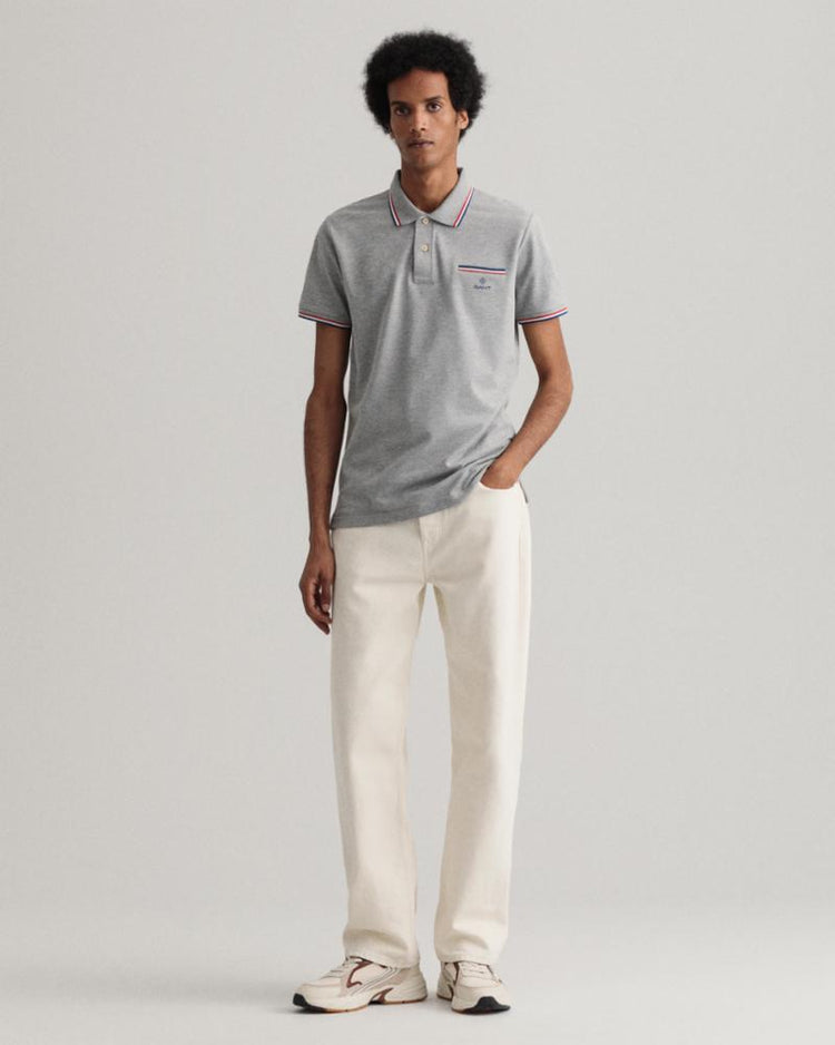 Gant Apparel Mens 3-COL TIPPING PIQUE SS RUGGER 93/GREY MELANGE
