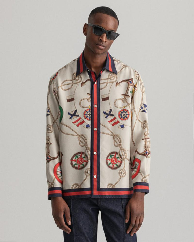 Gant Apparel Mens REL SAILING PRINT SILK SHIRT 130/CREAM