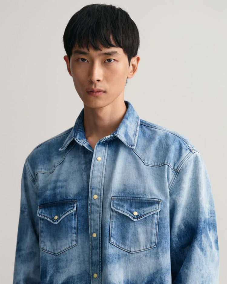 Gant Apparel Mens REL BLEACH WASH WESTERN SHIRT 981/SEMI LIGHT BLUE WORN IN
