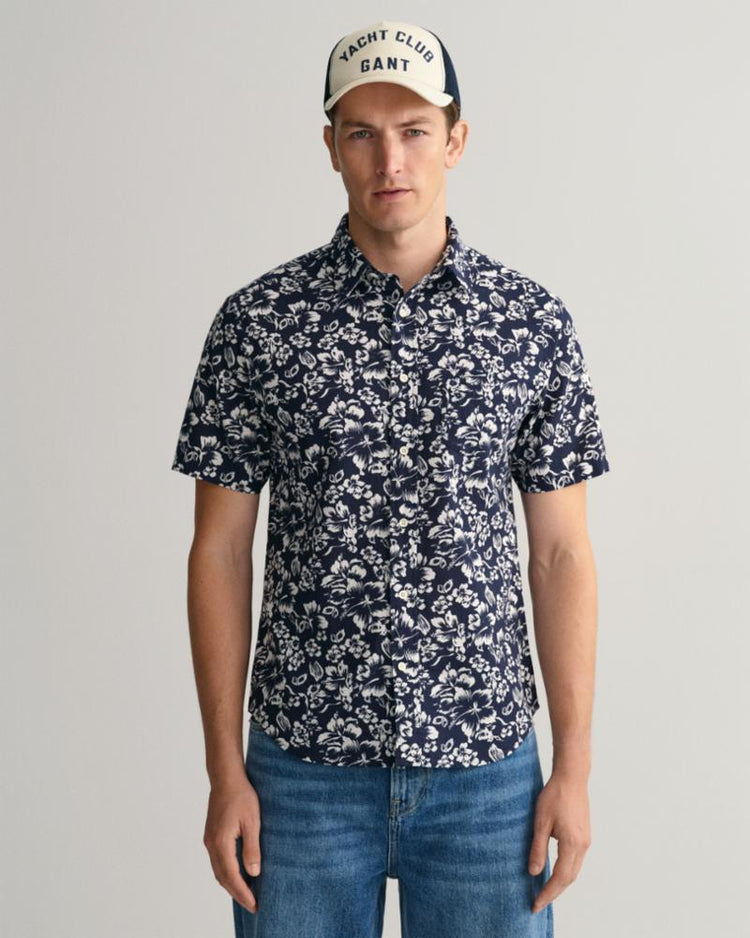 Gant Apparel Mens REG FLORAL COTTON LINEN SS SHIRT 410/MARINE