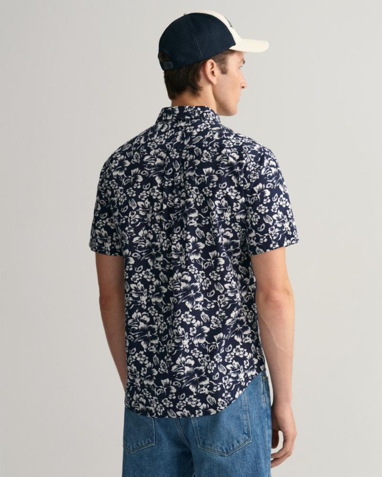 Gant Apparel Mens REG FLORAL COTTON LINEN SS SHIRT 410/MARINE
