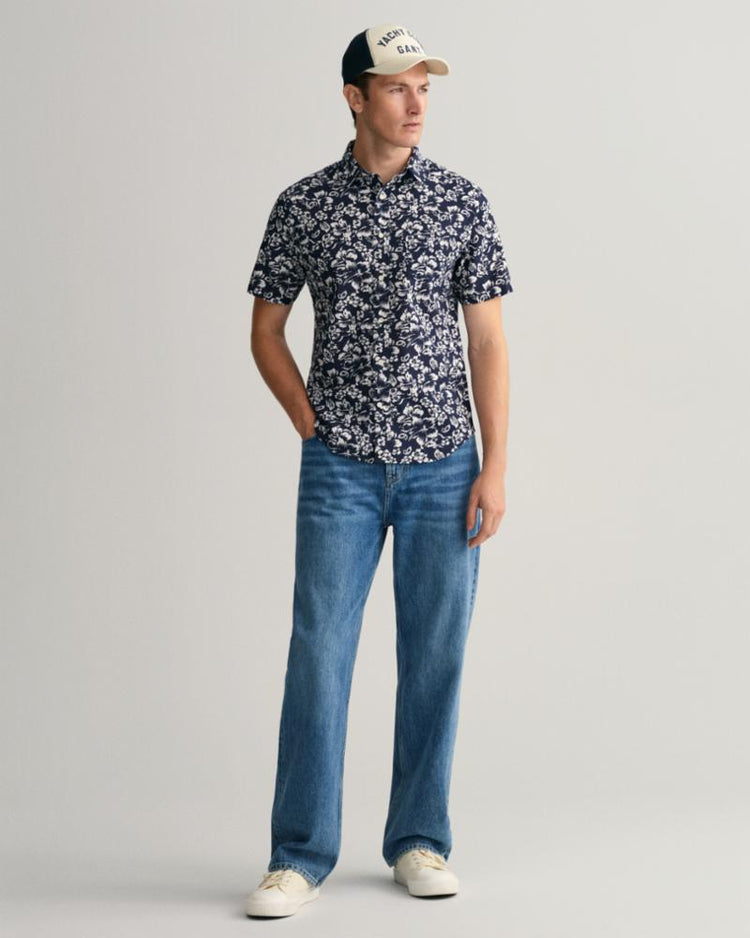 Gant Apparel Mens REG FLORAL COTTON LINEN SS SHIRT 410/MARINE