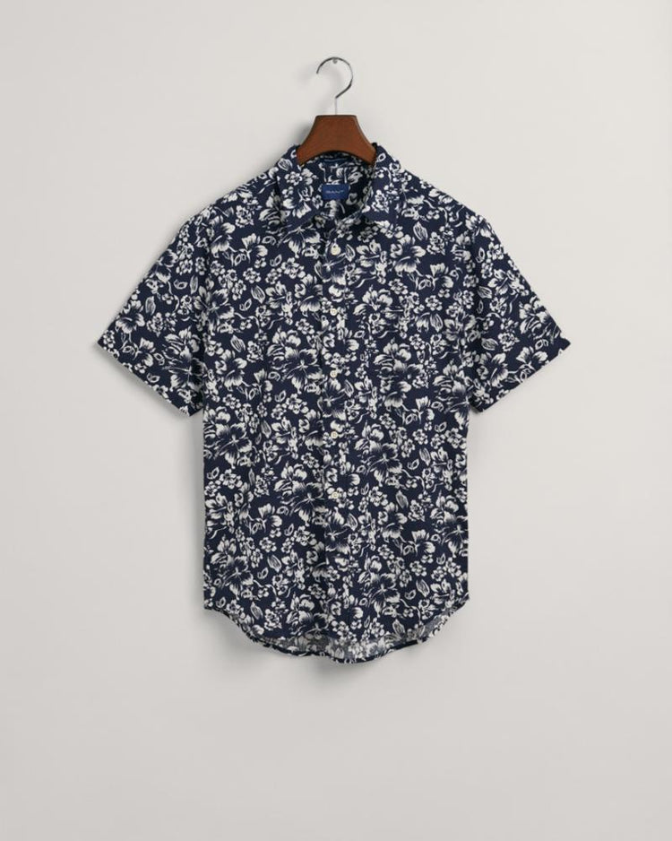 Gant Apparel Mens REG FLORAL COTTON LINEN SS SHIRT 410/MARINE