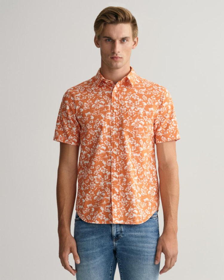 Gant Apparel Mens REG FLORAL COTTON LINEN SS SHIRT 834/APRICOT ORANGE