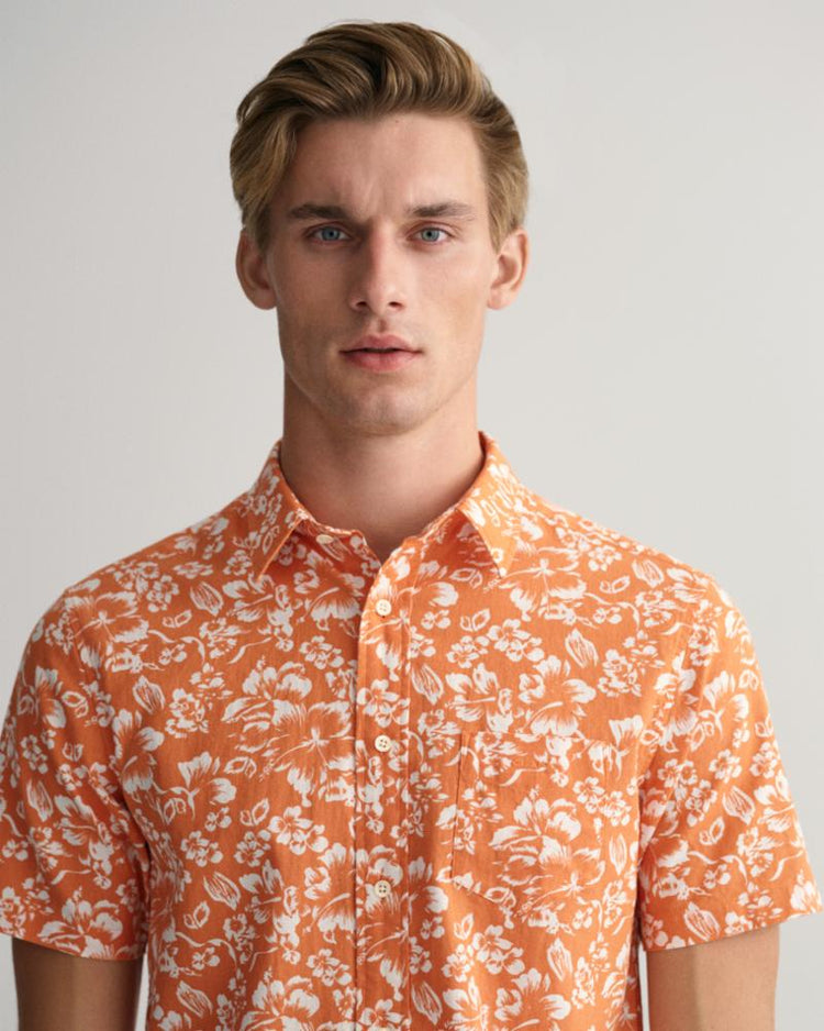 Gant Apparel Mens REG FLORAL COTTON LINEN SS SHIRT 834/APRICOT ORANGE
