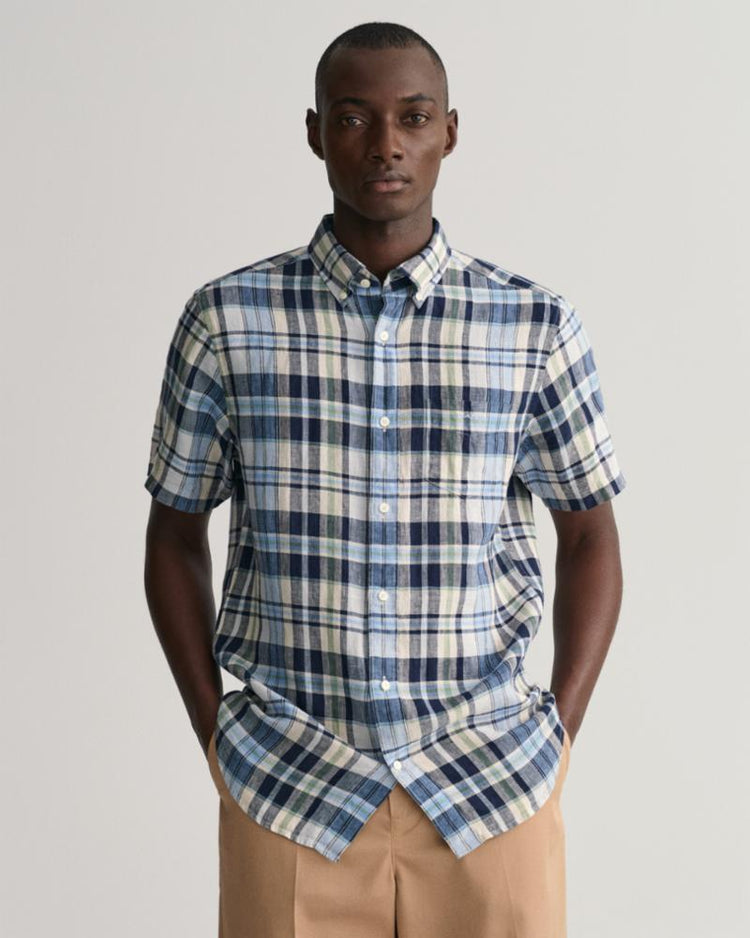 Gant Apparel Mens REG LINEN MADRAS SHIRT SS 410/MARINE