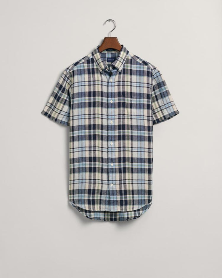 Gant Apparel Mens REG LINEN MADRAS SHIRT SS 410/MARINE
