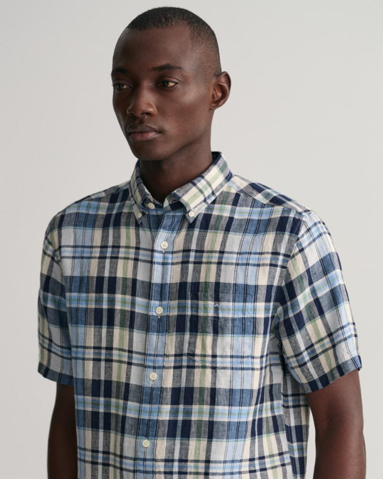 Gant Apparel Mens REG LINEN MADRAS SHIRT SS 410/MARINE
