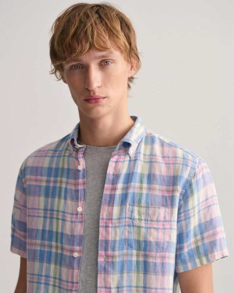 Gant Apparel Mens REG LINEN MADRAS SHIRT SS 637/CALIFORNIA PINK