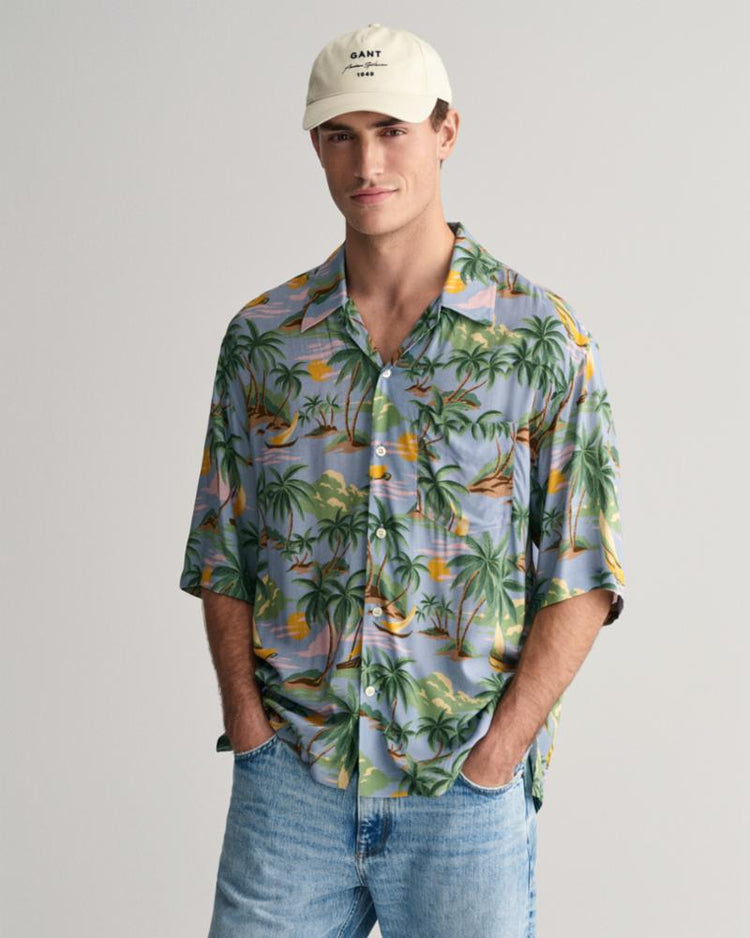 Gant Apparel Mens REL VISCOSE HAWAII PRINT SS SHIRT 474/DOVE BLUE
