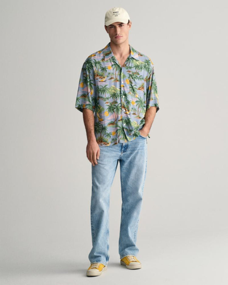Gant Apparel Mens REL VISCOSE HAWAII PRINT SS SHIRT 474/DOVE BLUE
