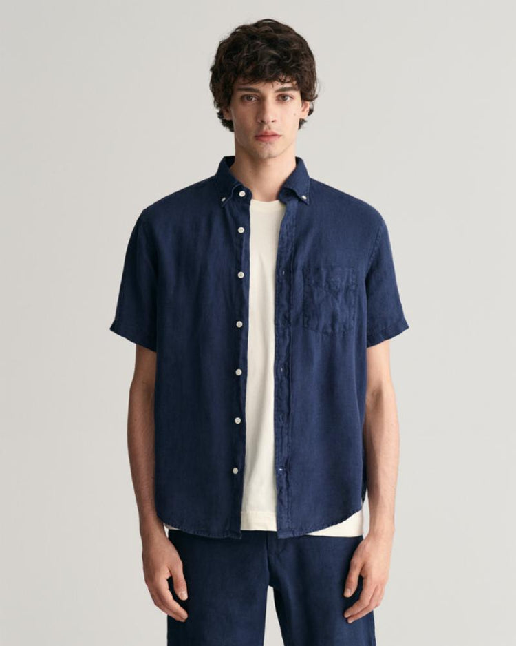 Gant Apparel Mens REG GMNT DYED LINEN SS SHIRT 410/MARINE