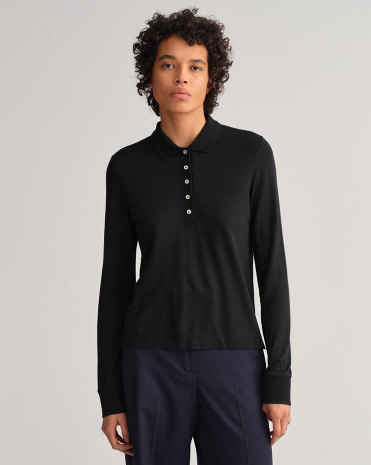 Gant Apparel Womens D1. DETAIL COLLAR LS POLO PIQUE 19/EBONY BLACK