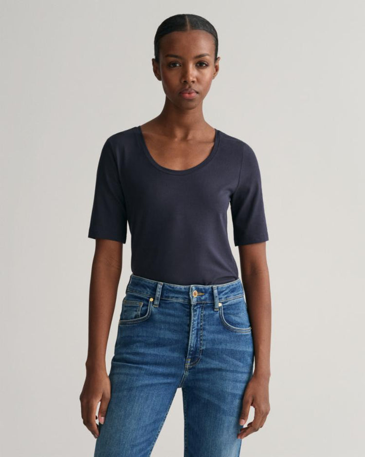 Gant Apparel Womens SLIM COT/ELA SS SCOOP NECK TOP 433/EVENING BLUE