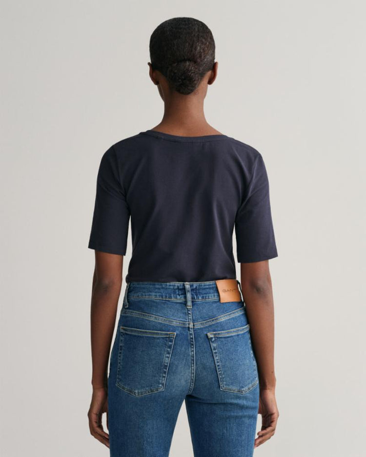 Gant Apparel Womens SLIM COT/ELA SS SCOOP NECK TOP 433/EVENING BLUE