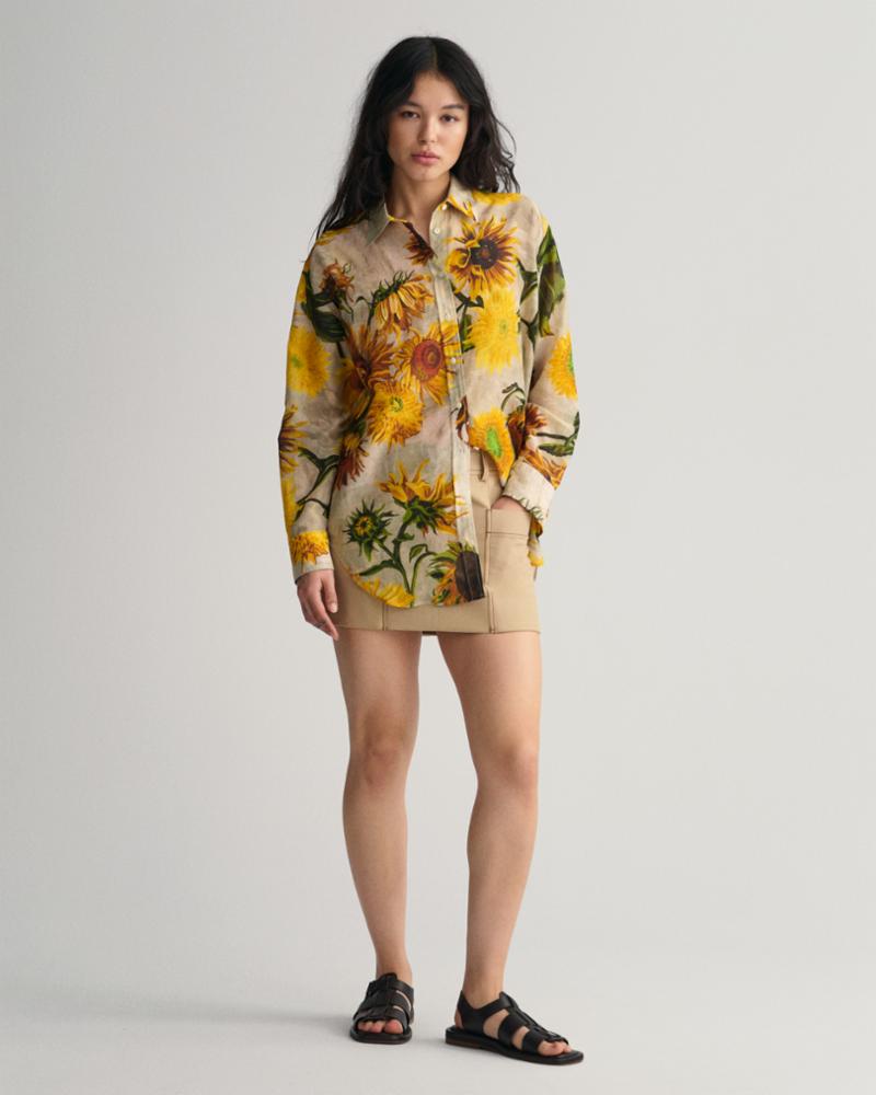 Gant Apparel Womens REL COT SILK SUNFLOWER PRINT SHIRT 270/CONCRETE BE