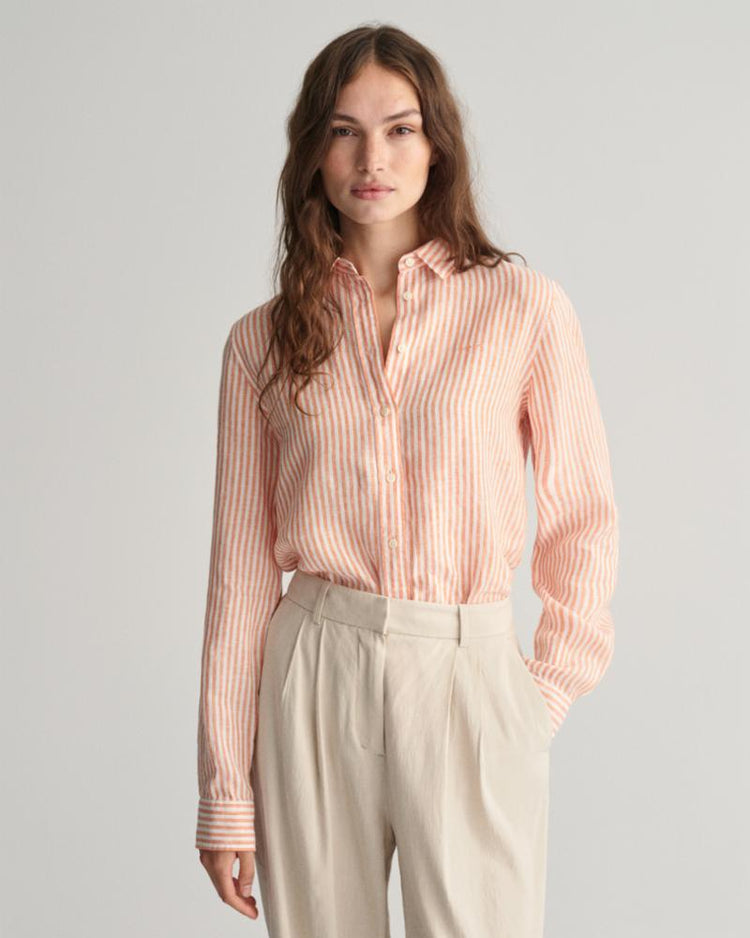 Gant Apparel Womens REG LINEN STRIPE SHIRT 860/PUMPKIN ORANGE