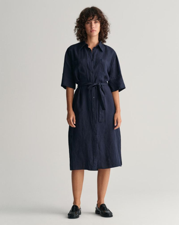 Gant Apparel Womens REL LINEN SS SHIRT DRESS 433/EVENING BLUE
