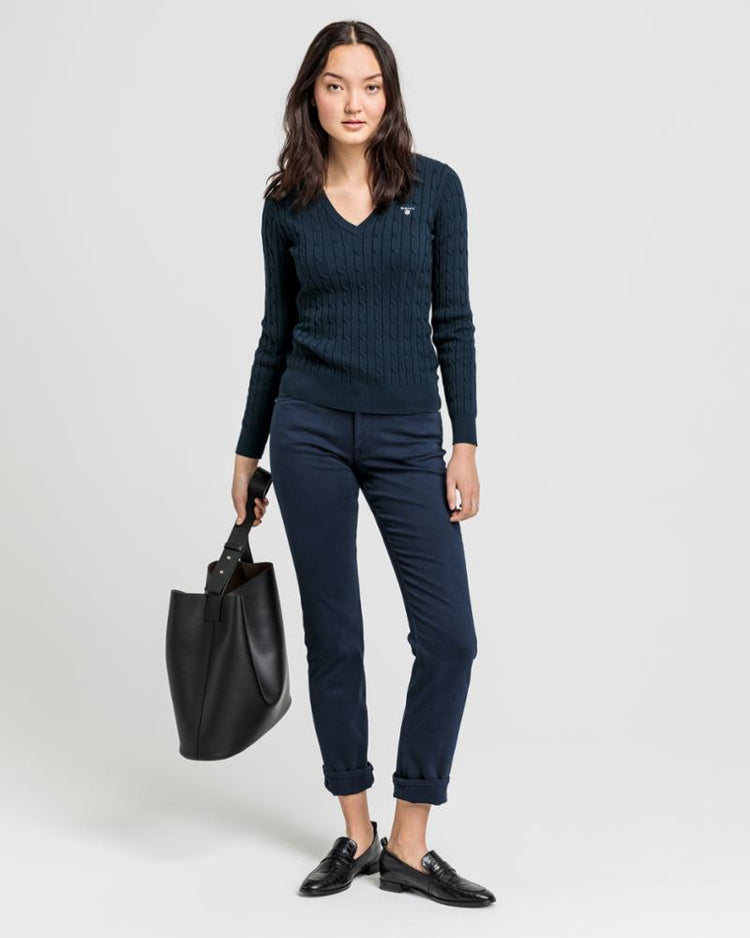 Gant Apparel Womens STRETCH COTTON CABLE V-NECK 433/EVENING BLUE