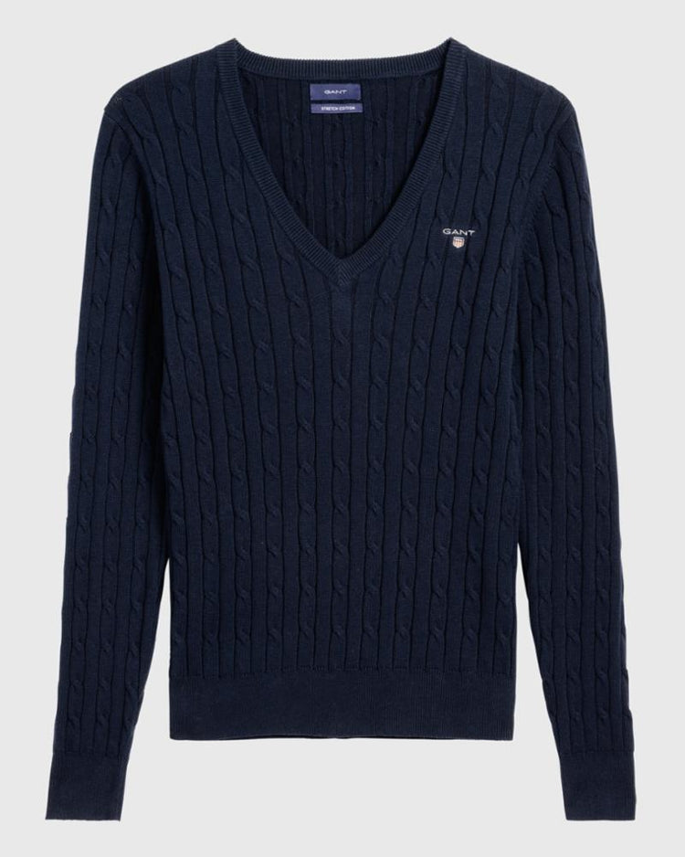 Gant Apparel Womens STRETCH COTTON CABLE V-NECK 433/EVENING BLUE