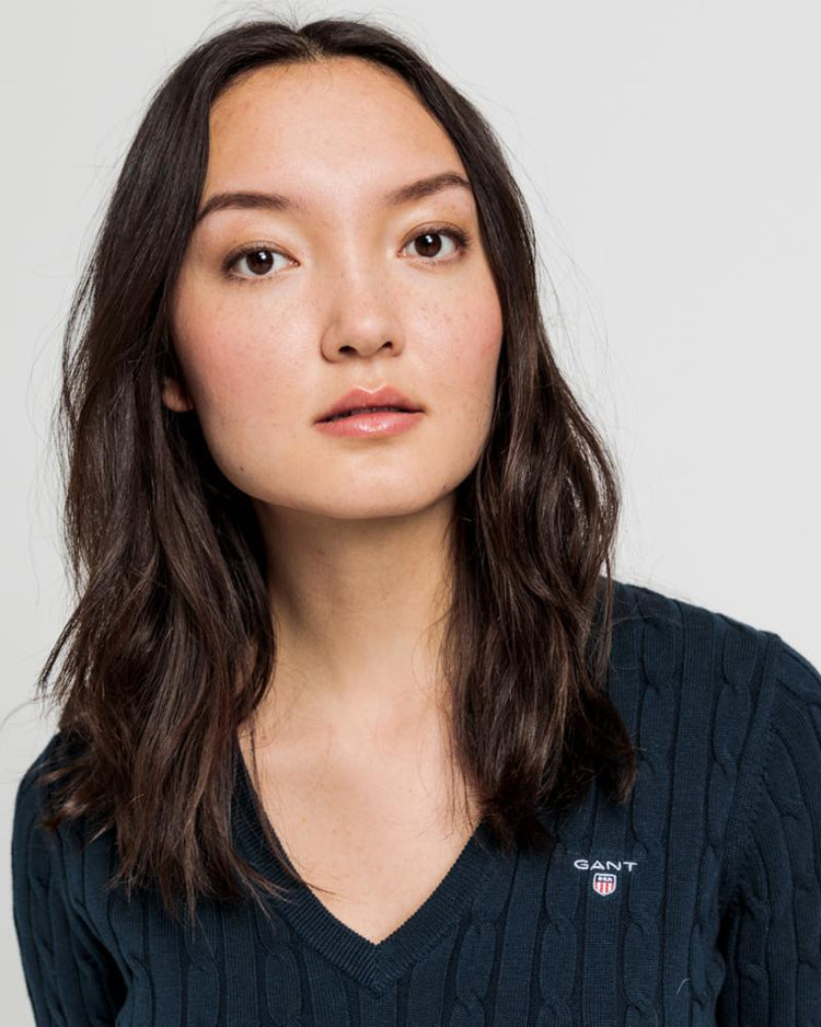 Gant Apparel Womens STRETCH COTTON CABLE V-NECK 433/EVENING BLUE