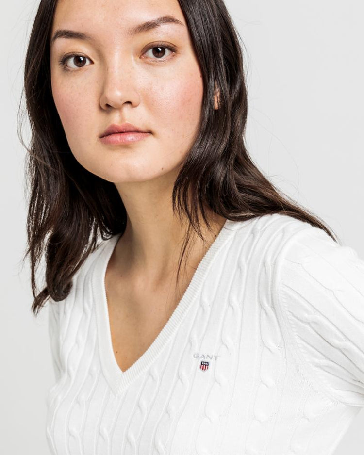 Gant Apparel Womens STRETCH COTTON CABLE V-NECK 113/EGGSHELL