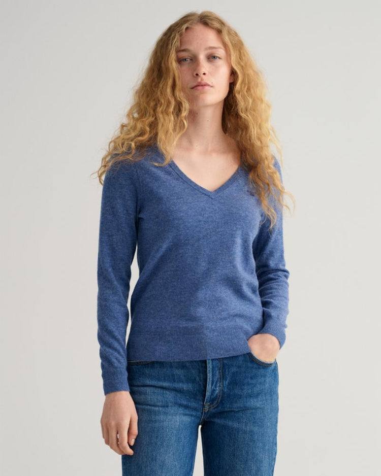 Gant Apparel Womens MD. EXTRAFINE LAMBSWOOL V-NECK 475/HURRICANE BLUE