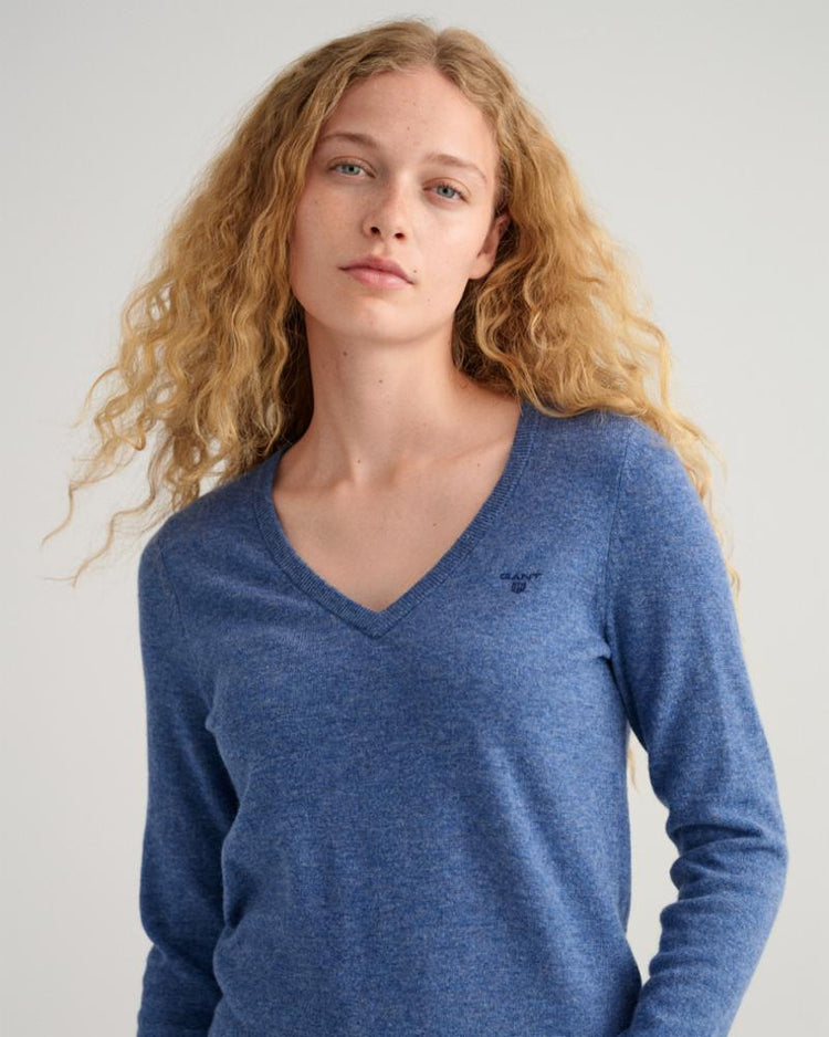 Gant Apparel Womens MD. EXTRAFINE LAMBSWOOL V-NECK 475/HURRICANE BLUE