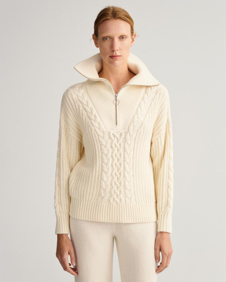 Gant Apparel Womens CABLE HALF ZIP SWEATER 130/CREAM