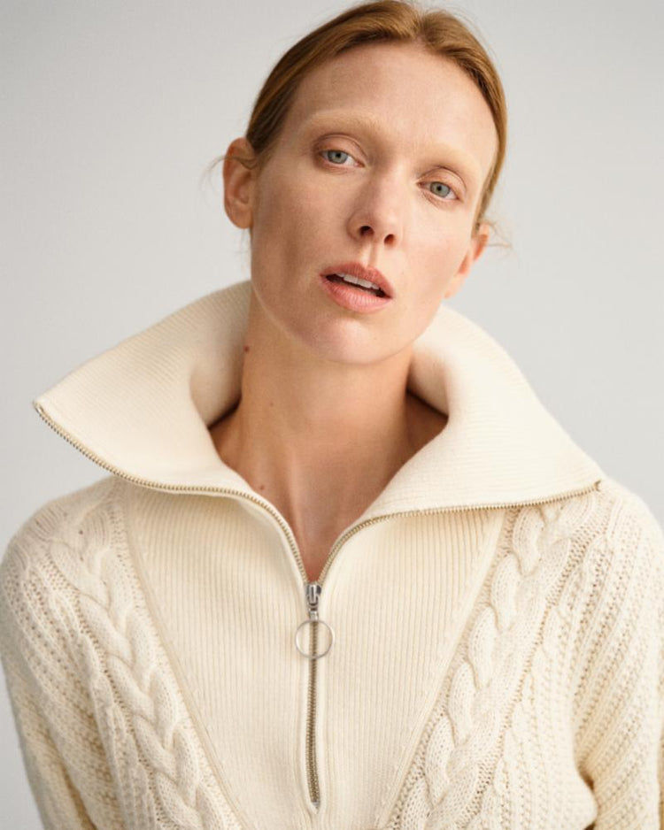 Gant Apparel Womens CABLE HALF ZIP SWEATER 130/CREAM