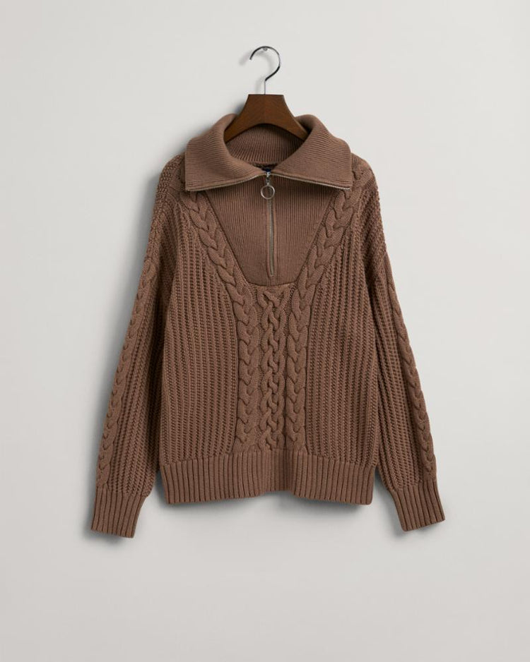 Gant Apparel Womens CABLE HALF ZIP SWEATER 247/MOLE BROWN