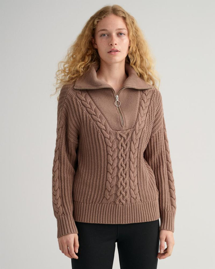 Gant Apparel Womens CABLE HALF ZIP SWEATER 247/MOLE BROWN