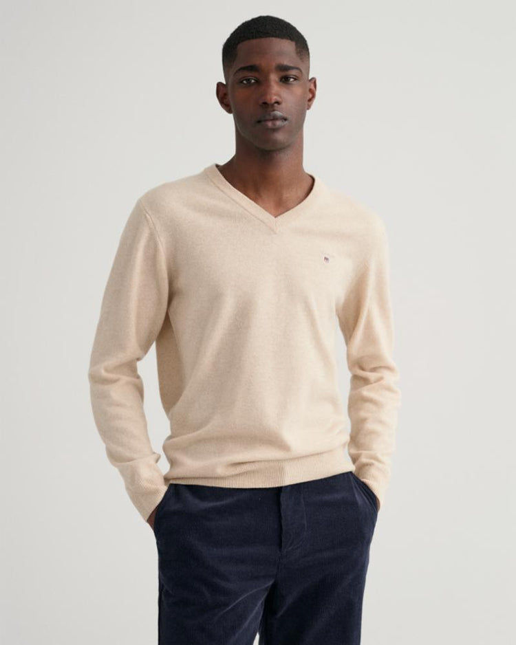 Gant Apparel Mens SUPERFINE LAMBSWOOL V-NECK 295/DK. SAND MELANGE