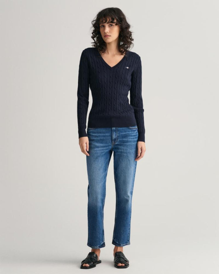 Gant Apparel Womens STRETCH COTTON CABLE V-NECK 433/EVENING BLUE