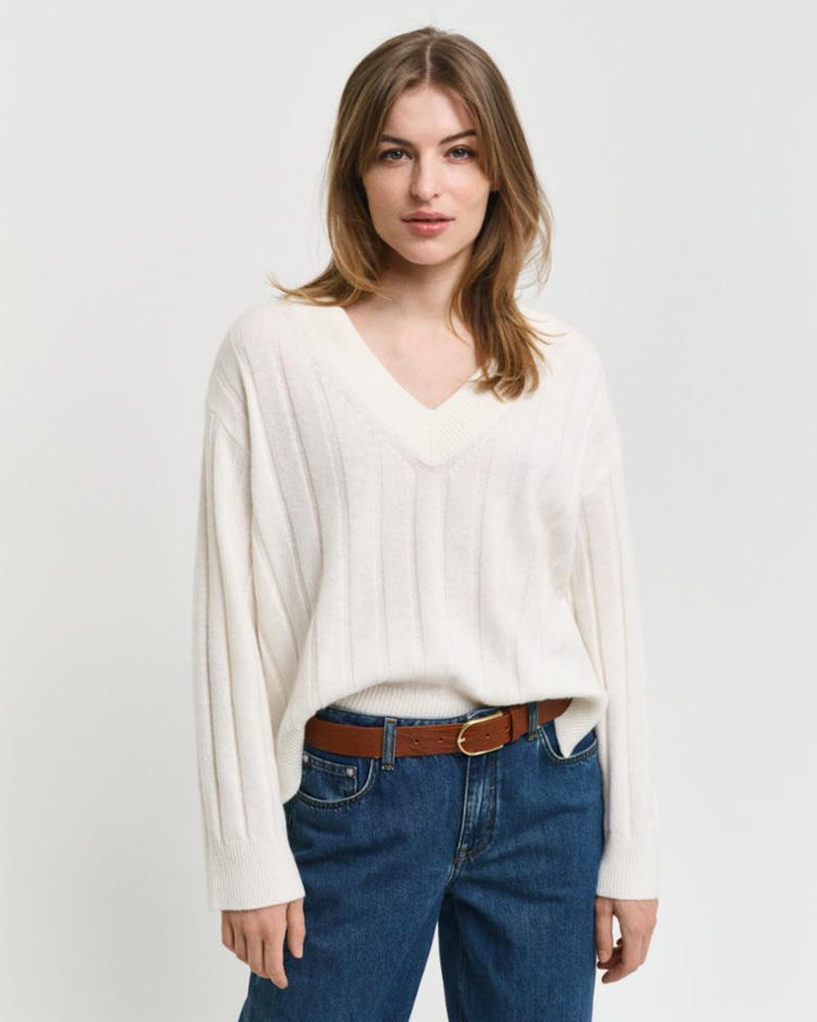 Gant Apparel Womens WIDE RIBBED WOOL V NECK 130/CREAM