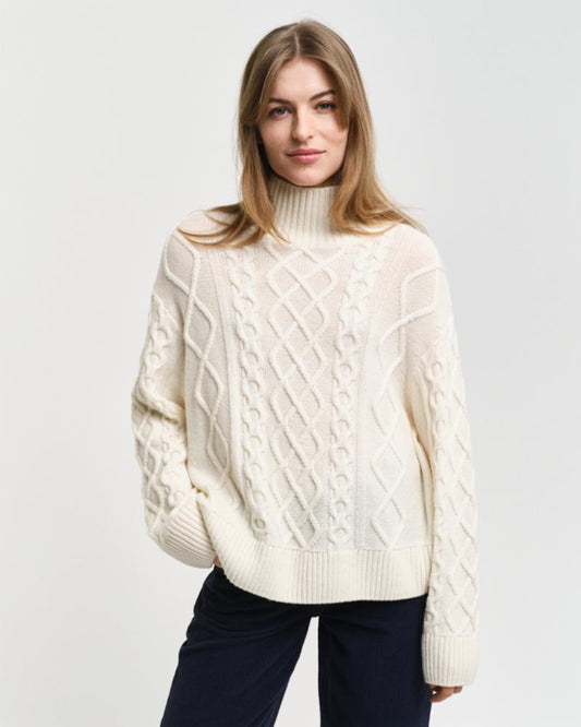 Gant Apparel Womens CABLE KNIT STAND COLLAR 130/CREAM