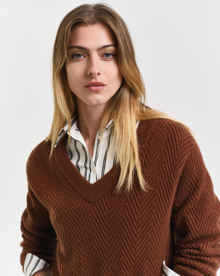 Gant Apparel Womens HERRINGBONE V NECK 220/COCAO BROWN