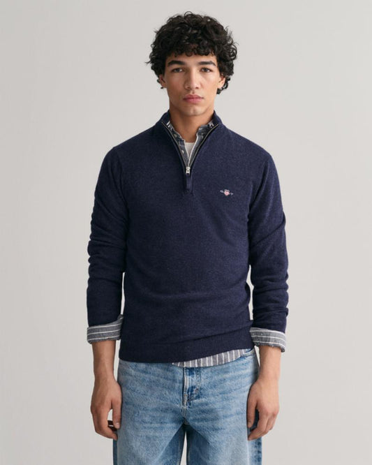 Gant Apparel Mens SUPERFINE LAMBSWOOL HALF ZIP 480/DARK NAVY MELANGE