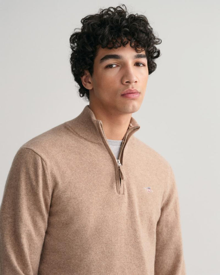 Gant Apparel Mens SUPERFINE LAMBSWOOL HALF ZIP 295/DK SAND MELANGE