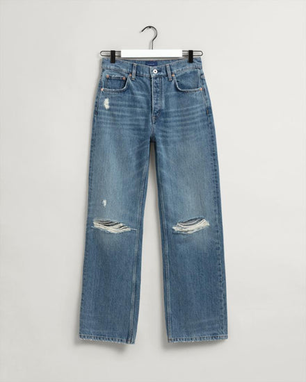 Mid Blue Vintage Wash Ripped Straight Leg Jeans