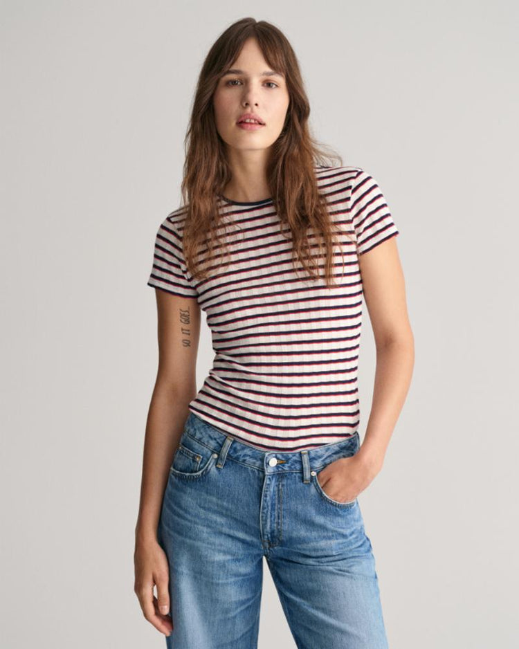 Gant Apparel Womens STRIPED RIBBED SS T-SHIRT 409/CLASSIC BLUE