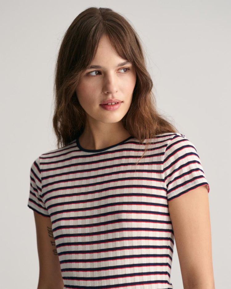 Gant Apparel Womens STRIPED RIBBED SS T-SHIRT 409/CLASSIC BLUE